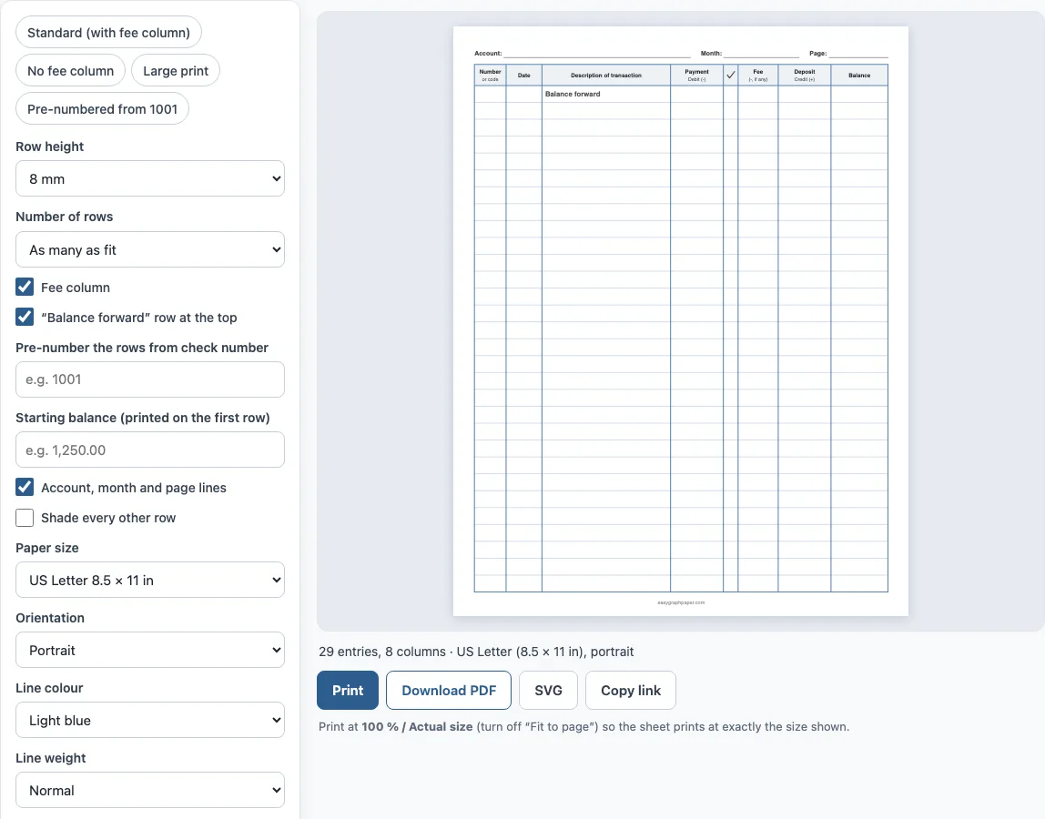 Printable check register example