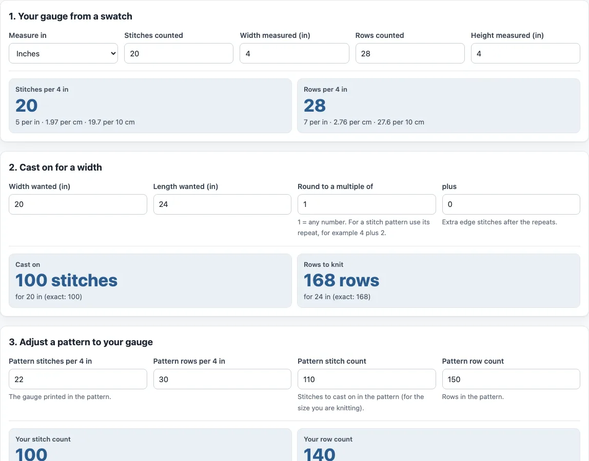 Knitting gauge calculator example