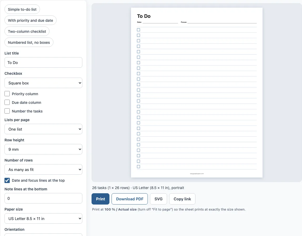 Printable to do list example